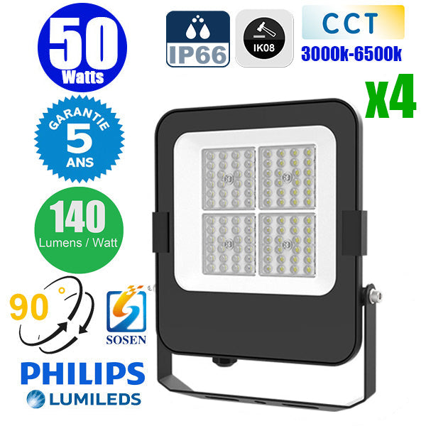 Pack de 4x Projecteurs LED filaires CCT (Couleur Changeante en Température) - Série CITY PLUS EVO V2 - 50 Watts - 7000 Lumens - 140 Lumens/Watt - Angle 90° - 25 x 21 x 4 cm - IP66 - IK08 - Câble 1 mètre - Garantie 5 ans