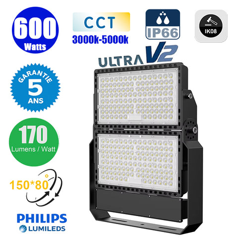 DERNIER DU STOCK : Projecteur LED filaire CCT - Série CITY PLUS ULTRA V2 - 600 Watts - 102 000 Lumens - 170 Lumens/Watt - Angle 150*80° - IP66 - IK08 - 52 x 45 x 7 cm - Support ajustable 270° - Câble 50cm - Garantie 5 ans