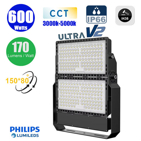 DERNIER DU STOCK : Projecteur LED filaire CCT - Série CITY PLUS ULTRA V2 - 600 Watts - 102 000 Lumens - 170 Lumens/Watt - Angle 150*80° - IP66 - IK08 - 52 x 45 x 7 cm - Support ajustable 270° - Câble 50cm