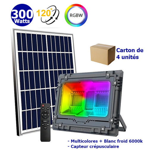 Carton / Lot de 4x Projecteurs LED solaires - Série WARRIOR RGBW (Multicolores + Blanc) - 300 Watts - Angle 120° - Lampe 34 x 27 x 8 cm - IP67 - Avec télécommande - Avec capteur crépusculaire