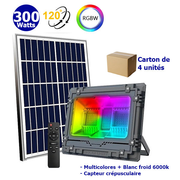 Carton / Lot de 4x Projecteurs LED solaires - Série WARRIOR RGBW (Multicolores + Blanc) - 300 Watts - Angle 120° - Lampe 34 x 27 x 8 cm - IP67 - Avec télécommande - Avec capteur crépusculaire