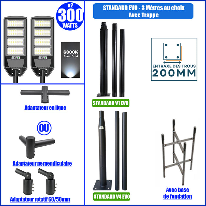 Pack lampadaire solaire complet double tête 3 mètres : 2x Lampes de rue et parking - Série VIEW V2 - 300 Watts - 6000k + Mât STANDARD 3 mètres au choix (Série STANDARD V1 EVO ou Série STANDARD V4 EVO - Avec trappe) + Double tête de mât + 2x Adaptateurs