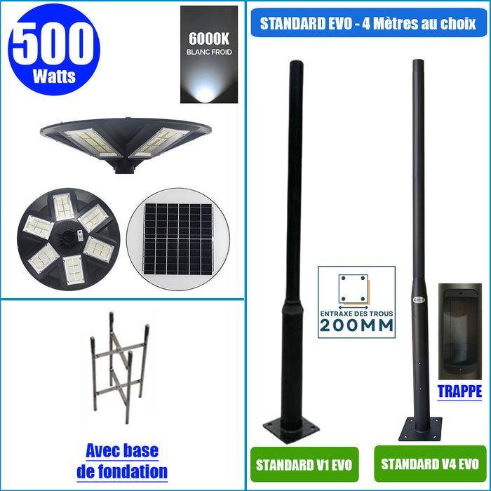 Pack lampadaire complet 4 mètres : Lampe solaire Série OVNI HERCULE 500 Watts - 2200 lumens - 6000K - Angle 360° + Mât STANDARD 4 mètres (V1 EVO ou V4 EVO - Avec trappe)