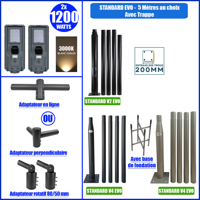 Pack lampadaire complet double tête 5 mètres : 2x Lampes solaires Série STARSHIP 1200 Watts - 3000K + Mât STANDARD 5 mètres au choix (Série STANDARD V1 EVO ou Série STANDARD V4 EVO - Avec trappe) + Double tête de mât + 2x Adaptateurs ajustables