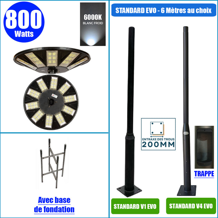 Pack lampadaire complet 6 mètres : Lampe solaire Série OVNI HERCULE 800 Watts - 2700 Lumens - 6000K - Angle 360° + Mât STANDARD 6 mètres (V1 EVO ou V4 EVO - Avec trappe)