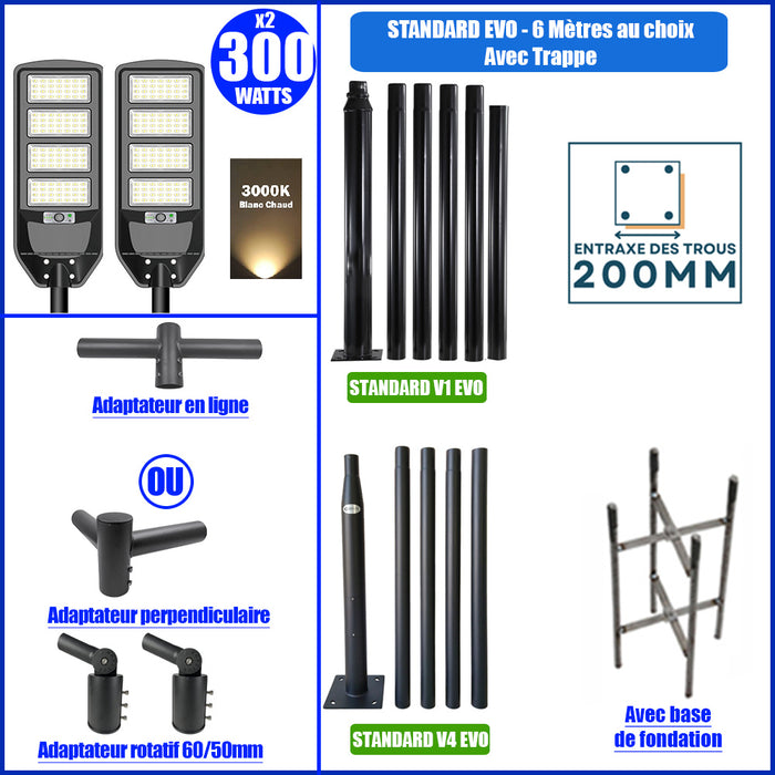 Pack lampadaire solaire complet double tête 6 mètres : 2x Lampes de rue et parking - Série VIEW V2 - 300 Watts - 3000k + Mât STANDARD 6 mètres au choix (Série STANDARD V1 EVO ou Série STANDARD V4 EVO - Avec trappe) + Double tête de mât + 2x Adaptateurs