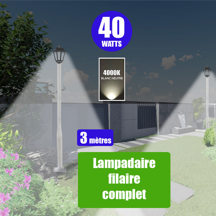 Pack lampadaire filaire complet 3 mètres : Lampe de jardin filaire - Série OVALI RETRO - 40 Watts - 5600 Lumens - 4000k + Mât STANDARD - 3 mètres avec trappe au choix (Série STANDARD V1 EVO ou V4 EVO ou V4 ECO)