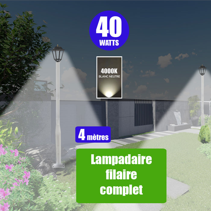 Pack lampadaire filaire complet 4 mètres : Lampe de jardin filaire - Série OVALI RETRO - 40 Watts - 5600 Lumens - 4000k + Mât STANDARD - 4 mètres avec trappe au choix (Série STANDARD V1 EVO ou V4 EVO ou V4 ECO)