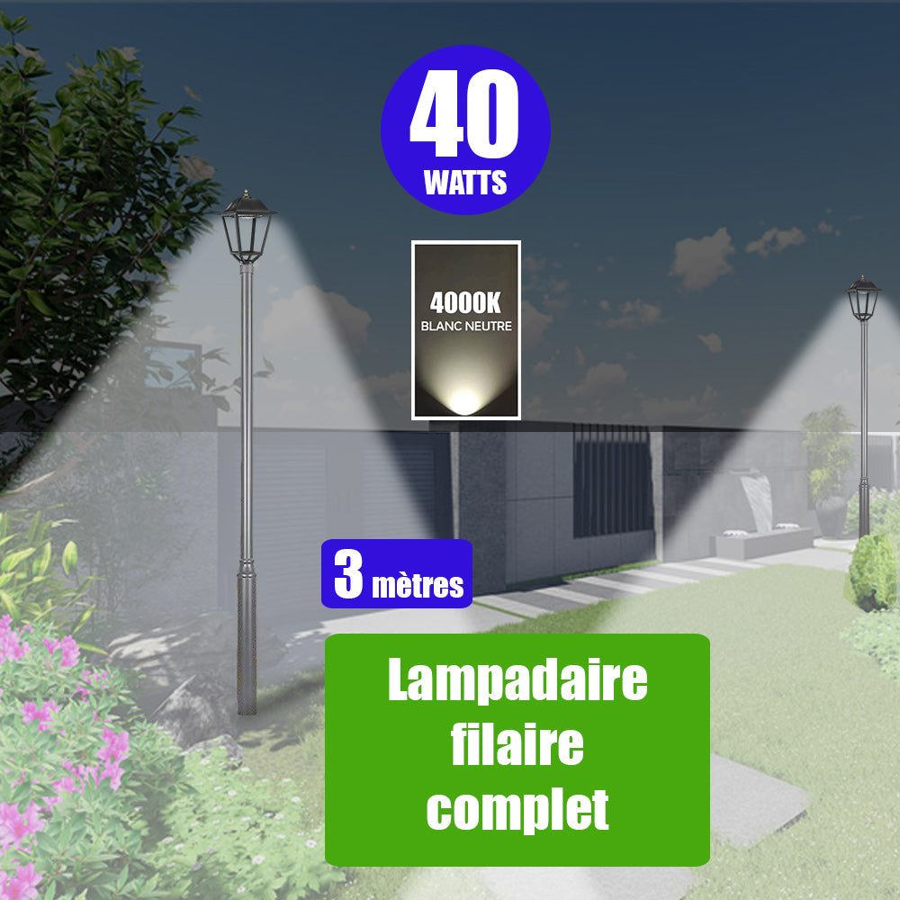 Pack lampadaire filaire complet 3 mètres : Lampe de jardin filaire - Série OVALI RETRO - 40 Watts - 5600 Lumens - 4000k + Mât STANDARD - 3 mètres avec trappe au choix (Série STANDARD V1 EVO ou V4 EVO ou V4 ECO)