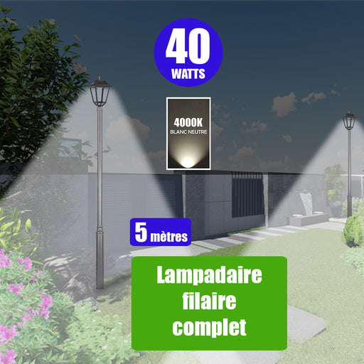 Pack lampadaire filaire complet 5 mètres : Lampe de jardin filaire - Série OVALI RETRO - 40 Watts - 5600 Lumens - 4000k + Mât STANDARD - 5 mètres avec trappe au choix (Série STANDARD V1 EVO ou Série STANDARD V4 EVO)