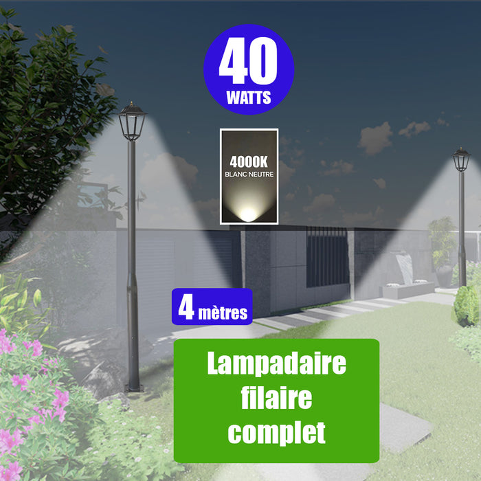 Pack lampadaire filaire complet 4 mètres : Lampe de jardin filaire - Série OVALI RETRO - 40 Watts - 5600 Lumens - 4000k + Mât STANDARD - 4 mètres avec trappe au choix (Série STANDARD V1 EVO ou V4 EVO ou V4 ECO)