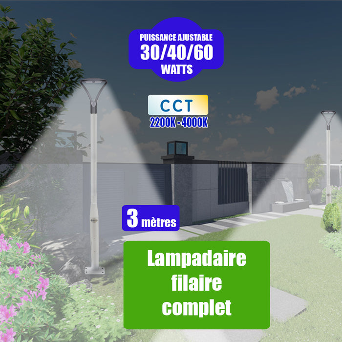 Pack lampadaire filaire complet 3 mètres : Lampe de jardin filaire - Série OVALI ULTRA - CCT - Puissance ajustable 30/40/60 Watts + Mât STANDARD - 3 mètres avec trappe au choix (Série STANDARD V2 EVO ou Série STANDARD V4 EVO)