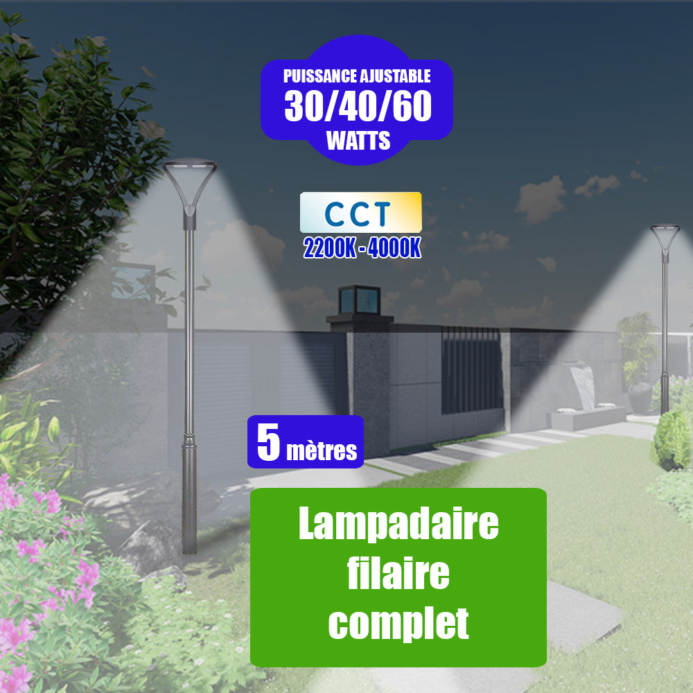 Pack lampadaire filaire complet 5 mètres : Lampe de jardin filaire - Série OVALI ULTRA - CCT - Puissance ajustable 30/40/60 Watts + Mât STANDARD - 5 mètres avec trappe au choix (Série STANDARD V2 EVO ou Série STANDARD V4 EVO)