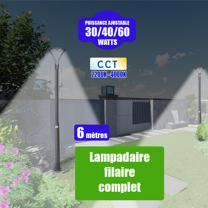 Pack lampadaire filaire complet 6 mètres : Lampe de jardin filaire - Série OVALI ULTRA - CCT - Puissance ajustable 30/40/60 Watts + Mât STANDARD - 6 mètres avec trappe au choix (Série STANDARD V2 EVO ou Série STANDARD V4 EVO)