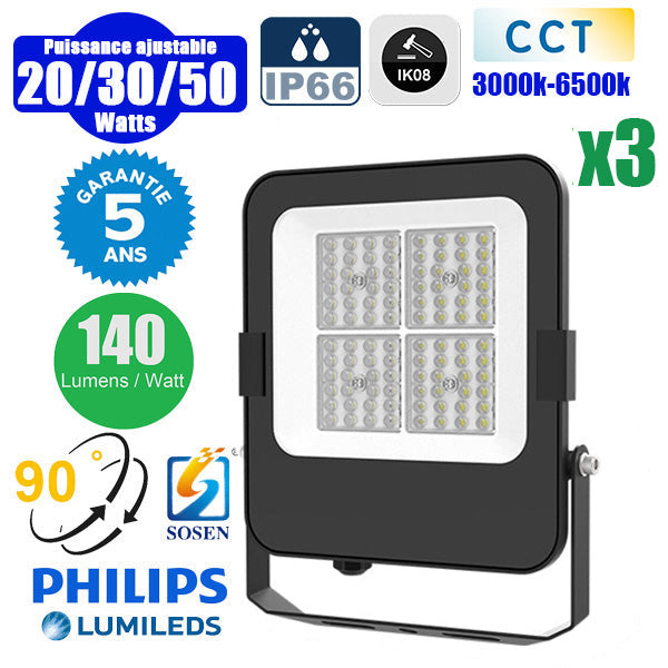DERNIER DU STOCK : 3x Projecteurs LED filaires CCT - Série CITY PLUS EVO V2 - Modèle 9 en 1 - Puissance ajustable 20 / 30 / 50 Watts - 140 Lumens/Watt - Angle 90° - 25 x 21 x 4 cm - IP66 - IK08 - Câble 1 mètre - Garantie 5 ans