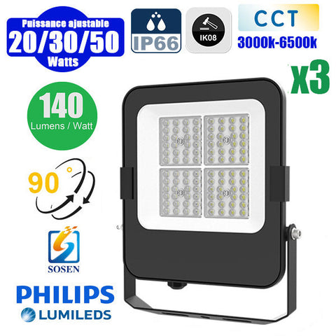 DERNIER DU STOCK : 3x Projecteurs LED filaires CCT - Série CITY PLUS EVO V2 - Modèle 9 en 1 - Puissance ajustable 20 / 30 / 50 Watts - 140 Lumens/Watt - Angle 90° - 25 x 21 x 4 cm - IP66 - IK08 - Câble 1 mètre