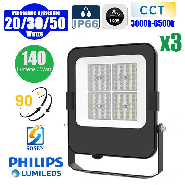 DERNIER DU STOCK : 3x Projecteurs LED filaires CCT - Série CITY PLUS EVO V2 - Modèle 9 en 1 - Puissance ajustable 20 / 30 / 50 Watts - 140 Lumens/Watt - Angle 90° - 25 x 21 x 4 cm - IP66 - IK08 - Câble 1 mètre