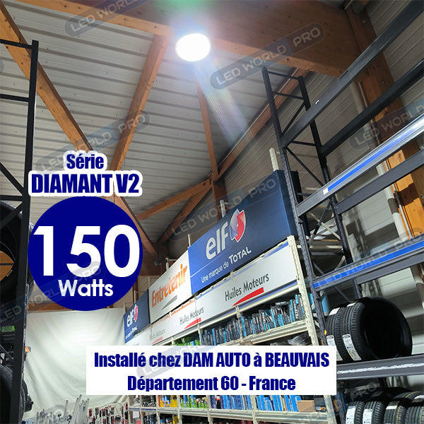 Lampe industrielle Driverless - UFO - Série DIAMANT V2 - 100 Watts - 10 000 Lumens - 100 Lumens/Watt - Angle 90° - IP65 - 260 x 34 mm - 4500k - Protection à l'impact IK08 - Câble 30cm