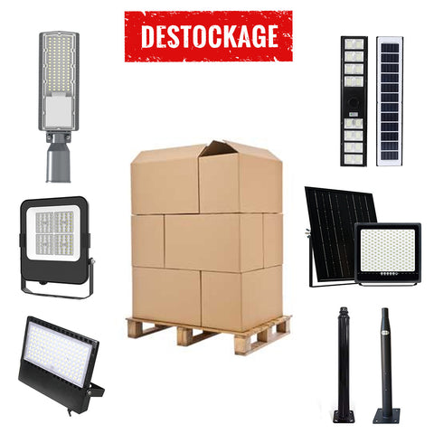 LOT UNIQUE DE DESTOCKAGE - Palette d'éclairage filaire et solaire : Projecteurs / Lampadaires / Accessoires