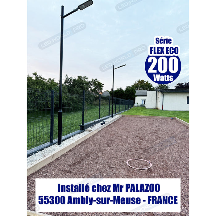 Pack lampadaire filaire complet 5 mètres : Lampe de rue filaire - Série FLEX ECO - 100 Watts - 3000k + Mât STANDARD 5 mètres avec trappe au choix (Série STANDARD V2 EVO ou Série STANDARD V4 EVO) + Support déporté 45mm ou Adaptateur rotatif 80/50 mm