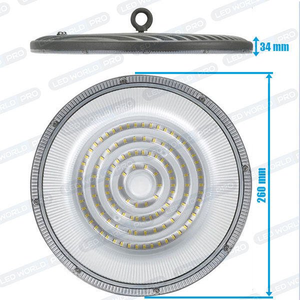Pack de 20x Lampes industrielles Driverless - UFO - Série DIAMANT V2 - 200 Watts - 20 000 Lumens - 100 Lumens/Watt - Angle 90° - IP65 - 260 x 34 mm - 6000k - Protection à l'impact IK08 - Câble 30cm