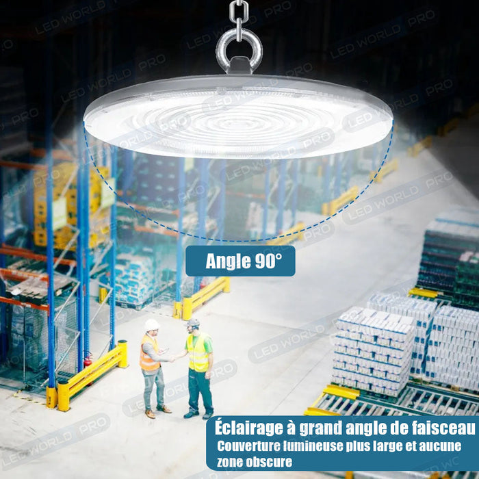 Pack de 20x Lampes industrielles Driverless - UFO - Série DIAMANT V2 - 100 Watts - 10 000 Lumens - 100 Lumens/Watt - Angle 90° - IP65 - 260 x 34 mm - 4500k - Protection à l'impact IK08 - Câble 30cm