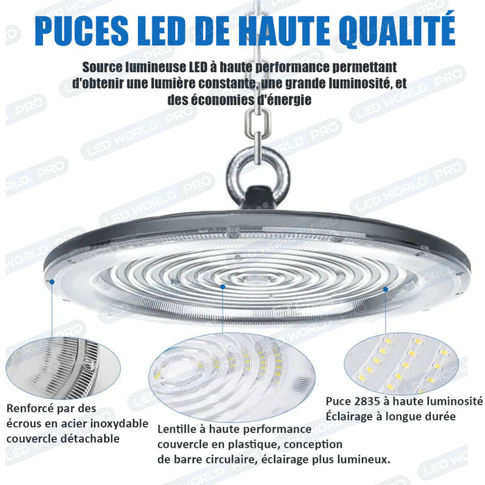 Lampe industrielle Driverless - UFO - Série DIAMANT V2 - 150 Watts - 15 000 Lumens - 100 Lumens/Watt - Angle 90° - IP65 - 260 x 34 mm - 4500k - Protection à l'impact IK08 - Câble 30cm