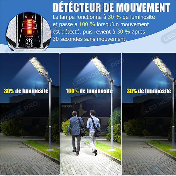 Lampadaire solaire extérieur de rue / parking - Série POWER ULTRA V2 CCT (Couleur Changeante en Température) - Rendu Lumineux 1000 Watts - 4200 Lumens - Angle 140*70° - IP66 - 77 x 34 x 6 cm - Télécommande - Détecteur de mouvement - Tube d’insertion 60 mm
