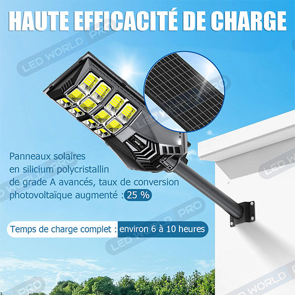 Lampadaire solaire extérieur de rue / parking - Série POWER ULTRA V2 CCT (Couleur Changeante en Température) - Rendu Lumineux 1000 Watts - 4200 Lumens - Angle 140*70° - IP66 - 77 x 34 x 6 cm - Télécommande - Détecteur de mouvement - Tube d’insertion 60 mm