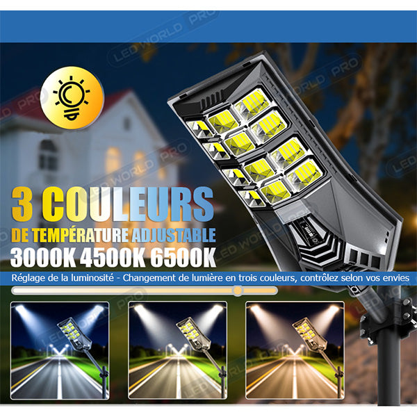 Pack de 4x Lampadaires solaires extérieurs de rue / parking - Série POWER ULTRA V2 CCT (Couleur Changeante en Température) - 400 Watts - 1500 Lumens - Angle 140*70° - IP66 - 58 x 27 x 7 cm - Télécommande - Détecteur de mouvement - Tube d’insertion 45 mm