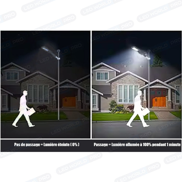 Pack lampadaire solaire complet double tête 6 mètres : 2x Lampes de rue solaires - Série POWER EVO V2 - 1000 Watts - 3000 Lumens - 6500k + Mât STANDARD (V1 EVO ou V4 EVO - Avec trappe) + Double tête de mât en ligne ou perpendiculaire