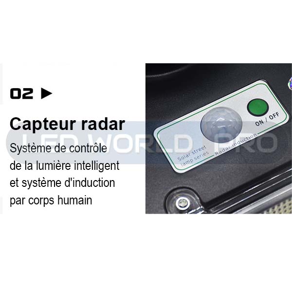 Lampe solaire pour extérieur - Série OVNI - Version HERCULE 500 - Rendu lumineux 500 Watts - 2200 lumens - Angle 360° - IP65 - Diamètre tube d'insertion 60/76mm - Avec détecteur de mouvement – Capteur crépusculaire - Avec télécommande - 6000k