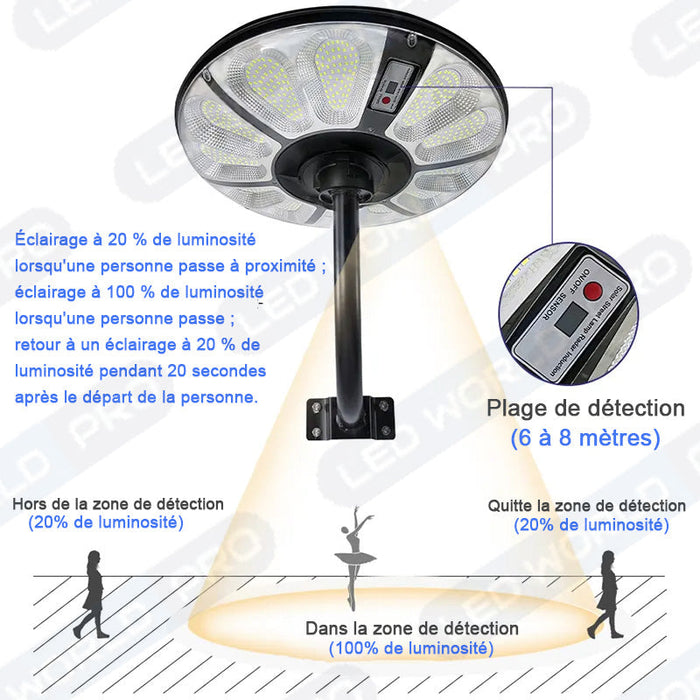 Lampe solaire pour extérieur - Série OVNI CRYSTAL - 250 Watts - 1500 Lumens - Angle 360° - IP65 -  Lampe 55 x 55 x 6 cm - Tube d'insertion 60/76 mm - Panneau polycristallin 36 x 42 cm - Détecteur de mouvement - Capteur crépusculaire - Télécommande - 6000k