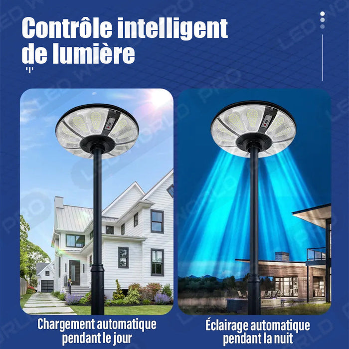 Pack de 4x Lampes solaires pour extérieur - Série OVNI CRYSTAL - 250 Watts - 1500 Lumens - Angle 360° - IP65 -  Lampe 55 x 55 x 6 cm - Tube d'insertion 60/76 mm - Panneau polycristallin 36 x 42 cm - Détecteur de mouvement - Télécommande - 3000k