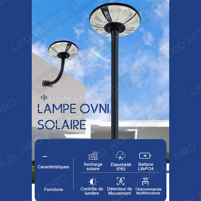 Pack lampadaire solaire complet 3 mètres : Lampe solaire pour extérieur - Série OVNI CRYSTAL - 250 Watts - 1500 Lumens - 3000k + Mât STANDARD 3 mètres