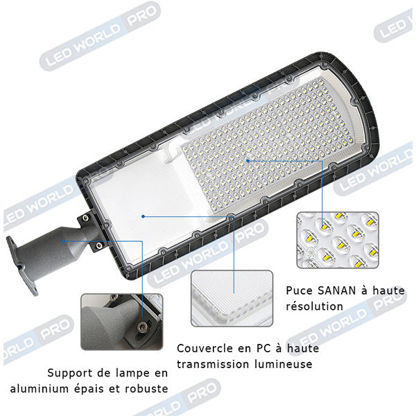 Lampe de rue filaire - Série FLEX ECO - 200 Watts - 24 000 Lumens - 120 Lumens/Watt - Angle 120 x 60° - IP66 - IK08 - 715 x 230 x 80mm - Tube d'insertion 60mm - 6000k