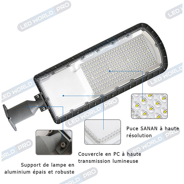 Lampe de rue filaire - Série FLEX ECO - 50 Watts - 6000 Lumens - 120 Lumens/Watt - Angle 120 x 60° - IP66 - IK08 - 493 x 170 x 70mm - Tube d'insertion 60mm - 6000k