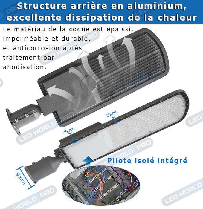 Pack lampadaire filaire complet double tête 6 mètres : 2x Lampes de rue filaire - Série FLEX ECO - 50 Watts - 6000k + Mât STANDARD - 6 mètres avec trappe au choix (STANDARD V2 EVO ou STANDARD V4 EVO) + Double tête de mât + 2x Adaptateurs 60/50 ajustable