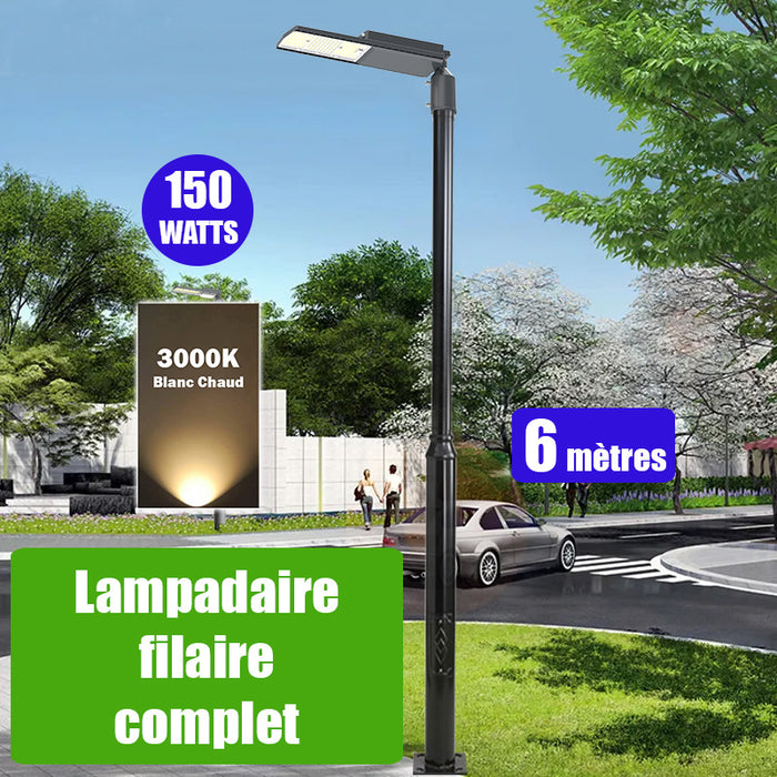 Pack lampadaire complet 6 mètres : Lampe LED filaire Série FLEX V2 - 150 Watts - 3000k + Mât STANDARD 6 mètres avec trappe au choix (Série STANDARD V2 EVO ou Série STANDARD V4 EVO) + Support déporté 60mm ou Adaptateur rotatif 60/80mm