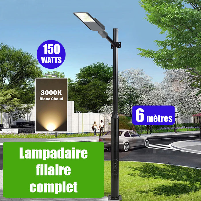 Pack lampadaire complet 6 mètres : Lampe LED filaire Série FLEX V2 - 150 Watts - 3000k + Mât STANDARD 6 mètres avec trappe au choix (Série STANDARD V2 EVO ou Série STANDARD V4 EVO) + Support déporté 60mm ou Adaptateur rotatif 60/80mm
