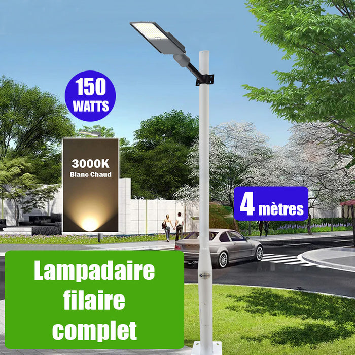 Pack lampadaire complet 4 mètres : Lampe LED filaire Série FLEX V2 - 150 Watts - 3000k + Mât STANDARD - 4 mètres avec trappe au choix (Série STANDARD V2 EVO ou Série STANDARD V4 EVO) + Support déporté 60mm ou Adaptateur rotatif 60/80 mm