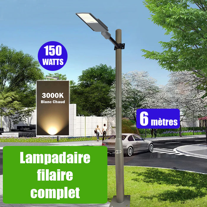 Pack lampadaire complet 6 mètres : Lampe LED filaire Série FLEX V2 - 150 Watts - 3000k + Mât STANDARD 6 mètres avec trappe au choix (Série STANDARD V2 EVO ou Série STANDARD V4 EVO) + Support déporté 60mm ou Adaptateur rotatif 60/80mm
