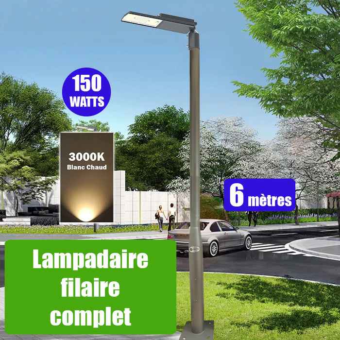 Pack lampadaire complet 6 mètres : Lampe LED filaire Série FLEX V2 - 150 Watts - 3000k + Mât STANDARD 6 mètres avec trappe au choix (Série STANDARD V2 EVO ou Série STANDARD V4 EVO) + Support déporté 60mm ou Adaptateur rotatif 60/80mm