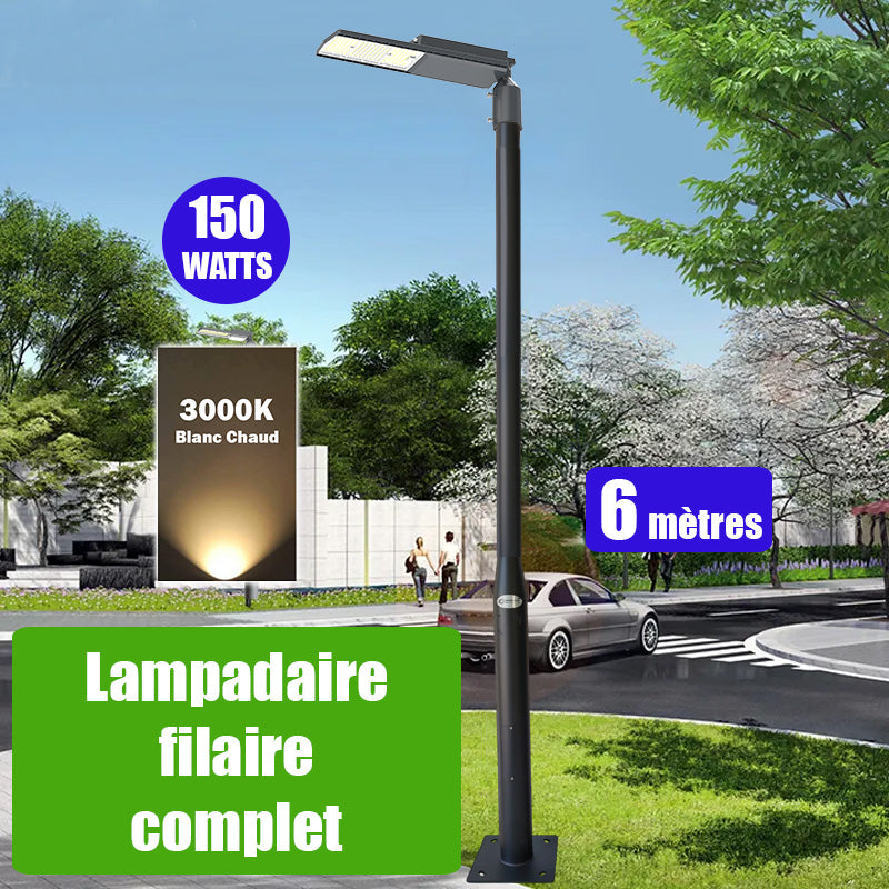 Pack lampadaire complet 6 mètres : Lampe LED filaire Série FLEX V2 - 150 Watts - 3000k + Mât STANDARD 6 mètres avec trappe au choix (Série STANDARD V2 EVO ou Série STANDARD V4 EVO) + Support déporté 60mm ou Adaptateur rotatif 60/80mm