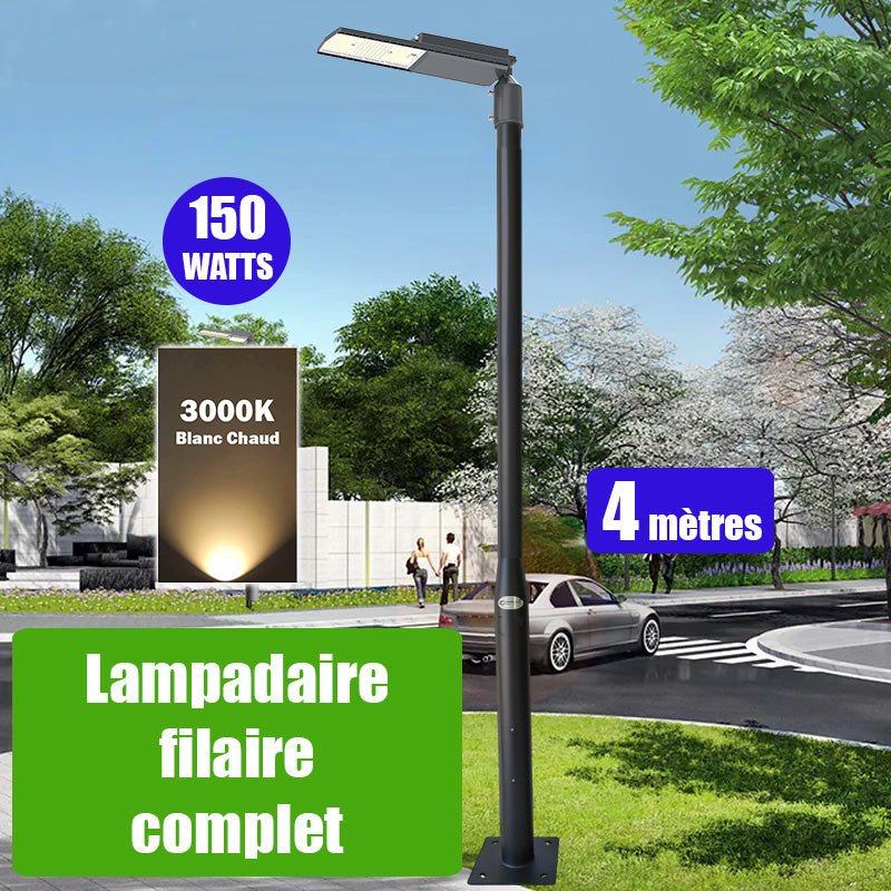 Pack lampadaire complet 4 mètres : Lampe LED filaire Série FLEX V2 - 150 Watts - 3000k + Mât STANDARD - 4 mètres avec trappe au choix (Série STANDARD V2 EVO ou Série STANDARD V4 EVO) + Support déporté 60mm ou Adaptateur rotatif 60/80 mm