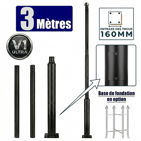 Mât / Poteau pour lampe de rue - Série STANDARD V1 ULTRA - 3 mètres - Avec trappe - Entraxe latéral des trous 160mm - Couleur Noir - Base de fondation