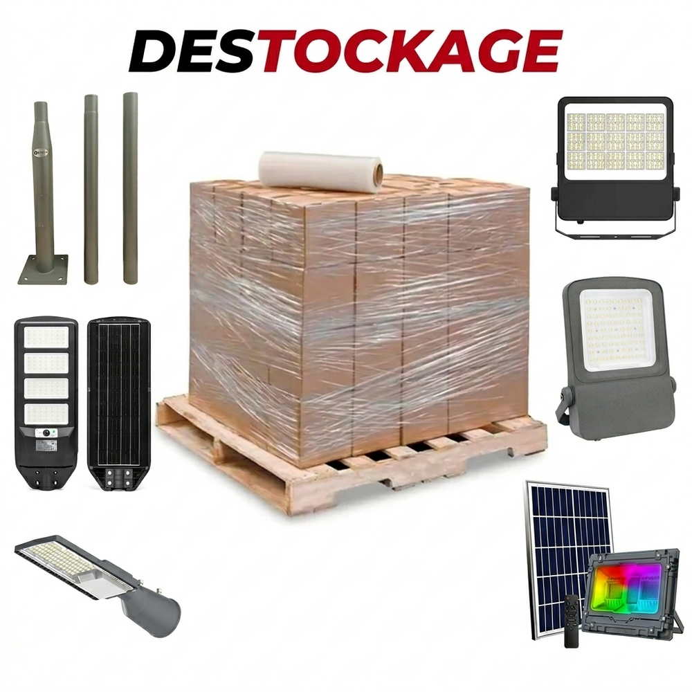 LOT UNIQUE DE DESTOCKAGE - Palette d'éclairage filaire et solaire : Projecteurs / Lampes diverses / Accessoires
