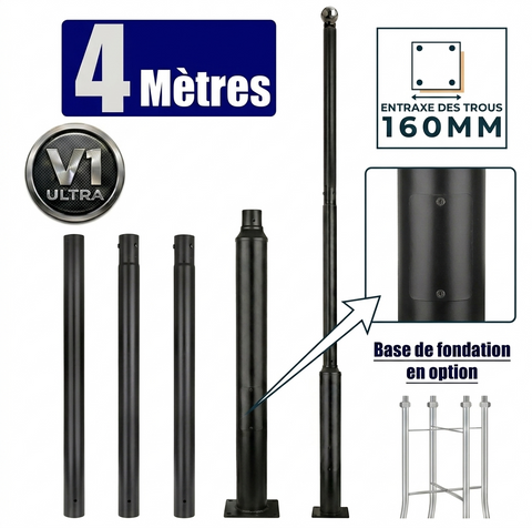 Mât / Poteau pour lampe de rue - Série STANDARD V1 ULTRA - 4 mètres - Avec trappe - Entraxe latéral des trous 160mm - Couleur Noir - Base de fondation