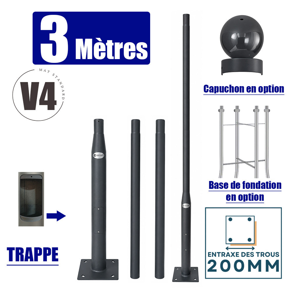 Mât / Poteau pour lampe de rue - Nouveau design - Série STANDARD V4 EVO avec TRAPPE - Vis antivol - 3 mètres - Entraxe latéral des trous 200mm -  Couleur GRIS SOMBRE - RAL 7016 - Finition épurée - Base de fondation et capuchon en option