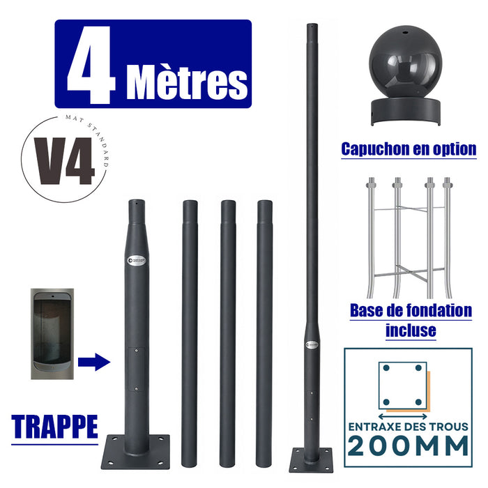 Mât / Poteau pour lampe de rue - Nouveau design - Série STANDARD V4 EVO avec TRAPPE - Vis antivol - 4 mètres - Entraxe latéral des trous 200mm -  Couleur GRIS SOMBRE - Finition épurée - Base de fondation incluse / capuchon  en option